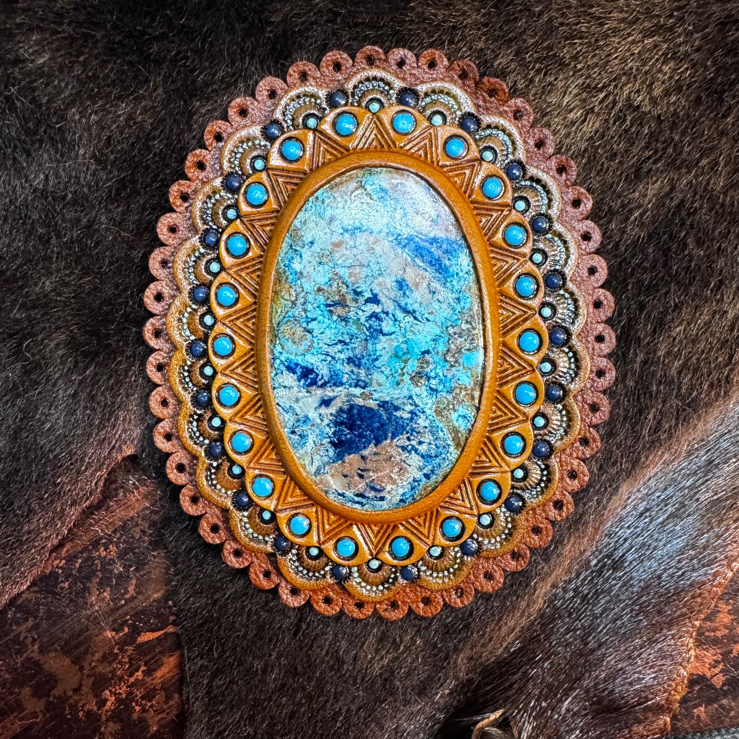 Tooled Leather Bag Accessory with Shattuckite