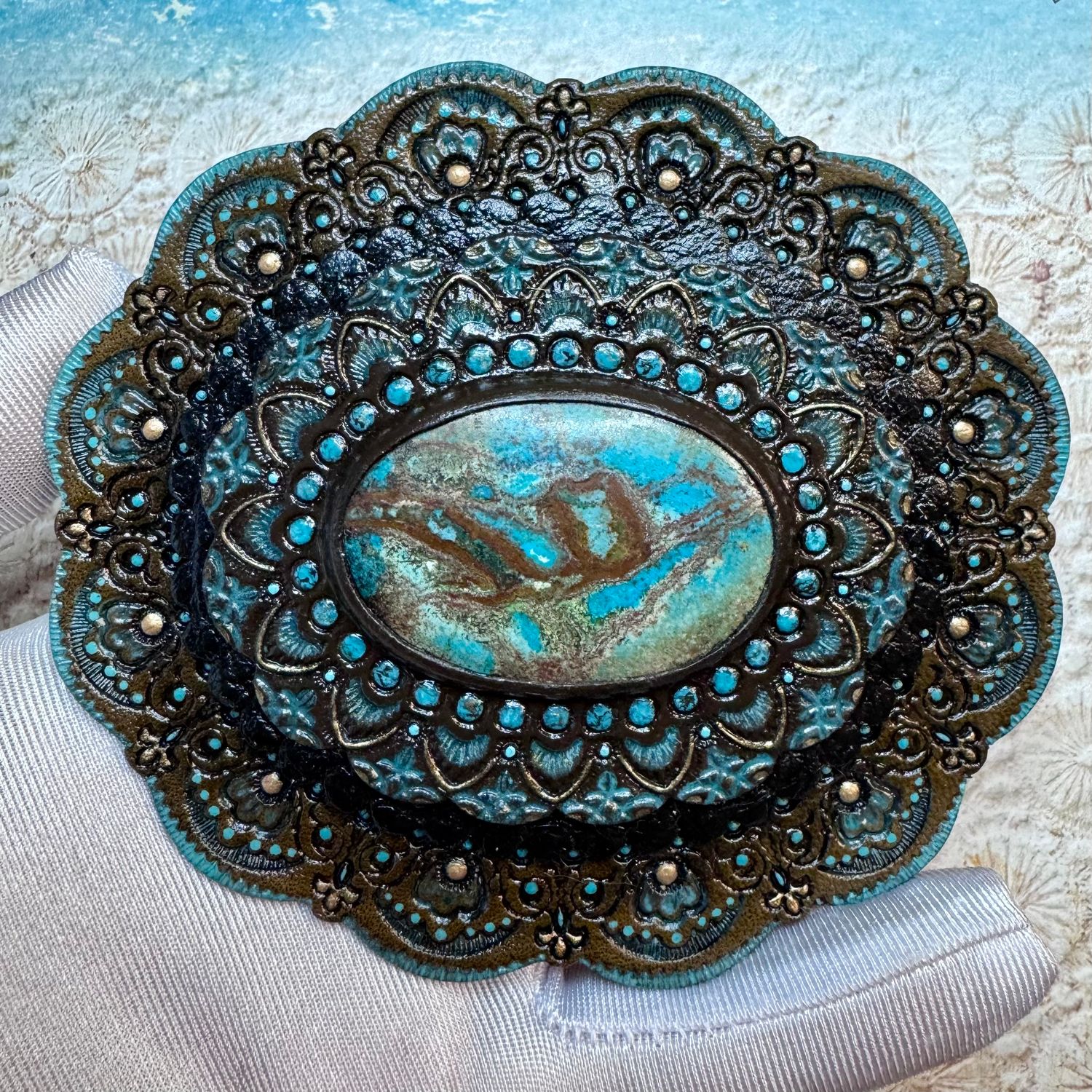 Tooled Leather Boho Belt Buckle Concho with Chrysocolla