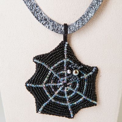 Gothic Necklace With a Pearl Spider on a Bead Embroidered Spider Web
