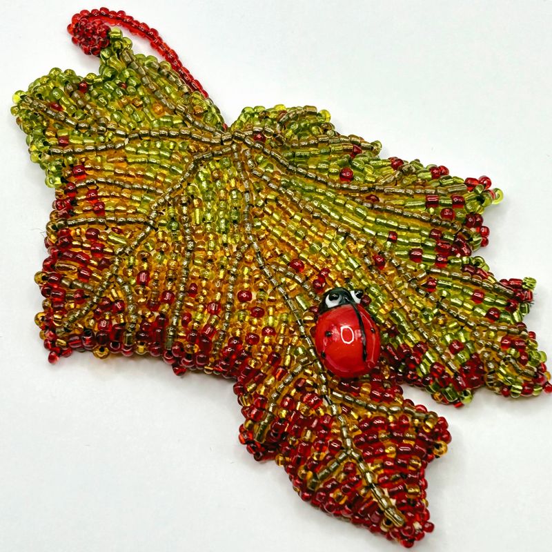 Bead Embroidered Maple Leaf Brooch / Pendant Transformer with Glass Ladybug
