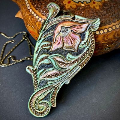 Tooled Leather Floral Pendant in Western Style