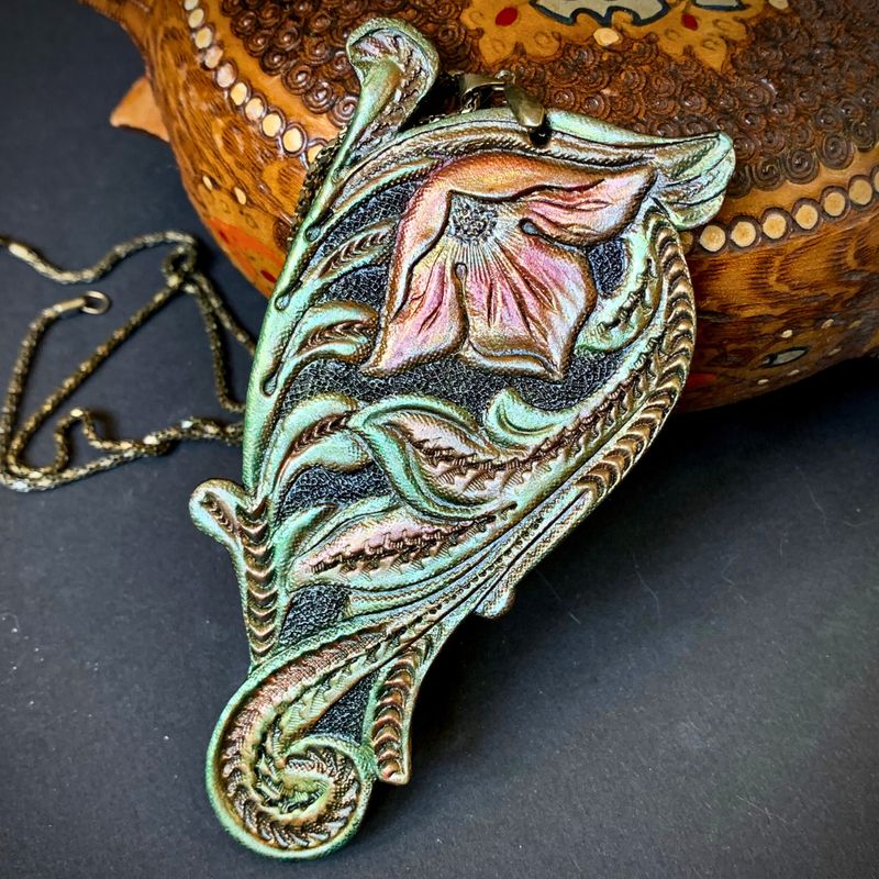 Tooled Leather Floral Pendant in Western Style