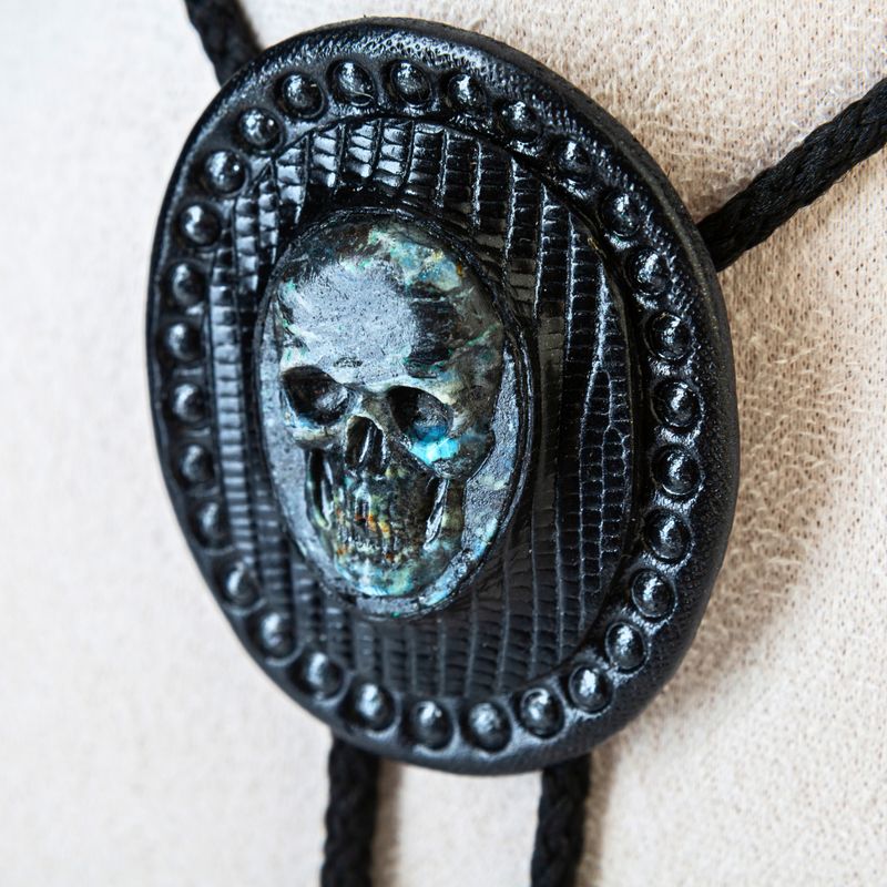 Tooled Leather Bolo Tie / Concho with Turquoise Skull in Black Snakeskin