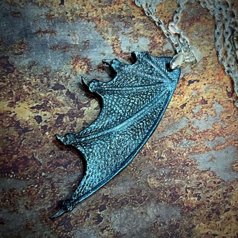 Tooled Leather Dragon Wing Pendant with Sterling Silver Chain