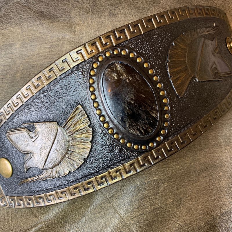Hand Tooled Leather Spartan Cuff Bracelet with Seraphinite
