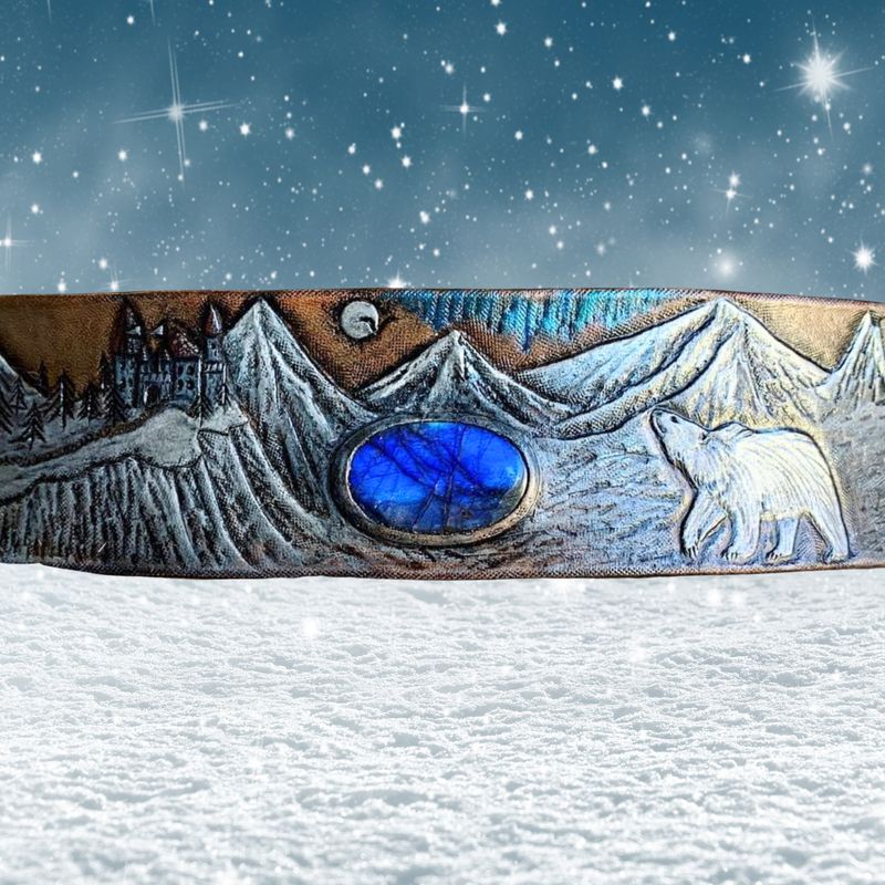 Tooled Leather Dog Collar with Labradorite: Stylish Pet accessory