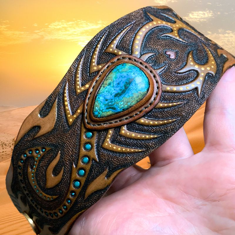 Tooled Leather Bracelet with Tribal Scorpion and Chrysocolla