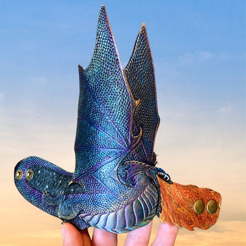 Tooled leather flying dragon cuff bracelet