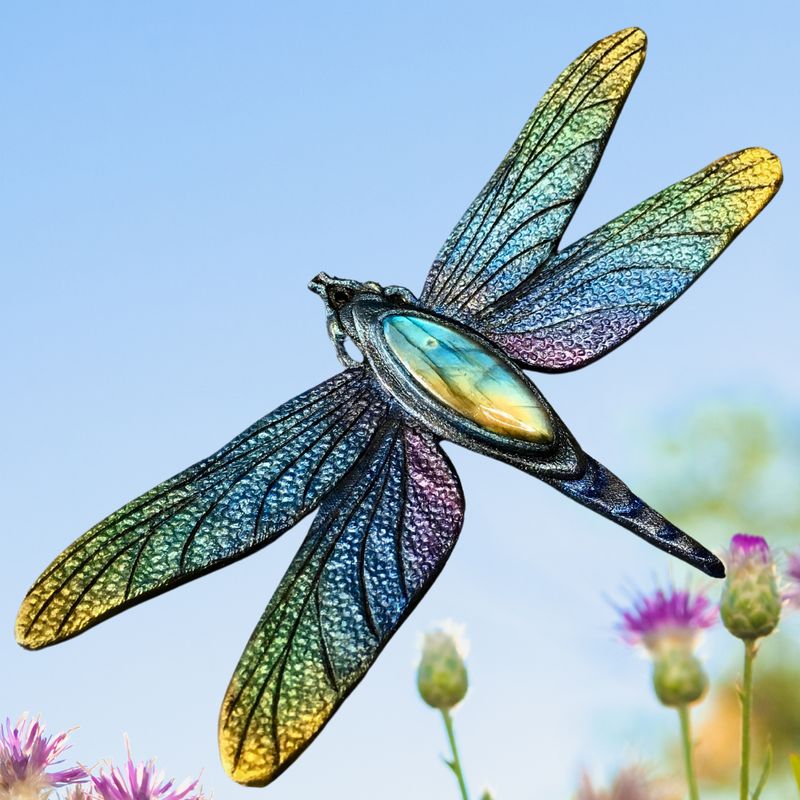 Tooled Leather Dragonfly Brooch / Pendant Transformer with Rainbow Labradorite