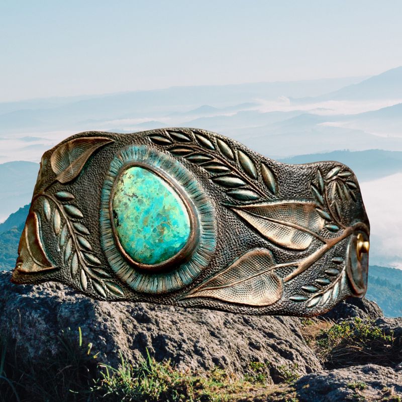 Tooled Leather Cuff Bracelet with Chrysocolla, Antique Bronze Style