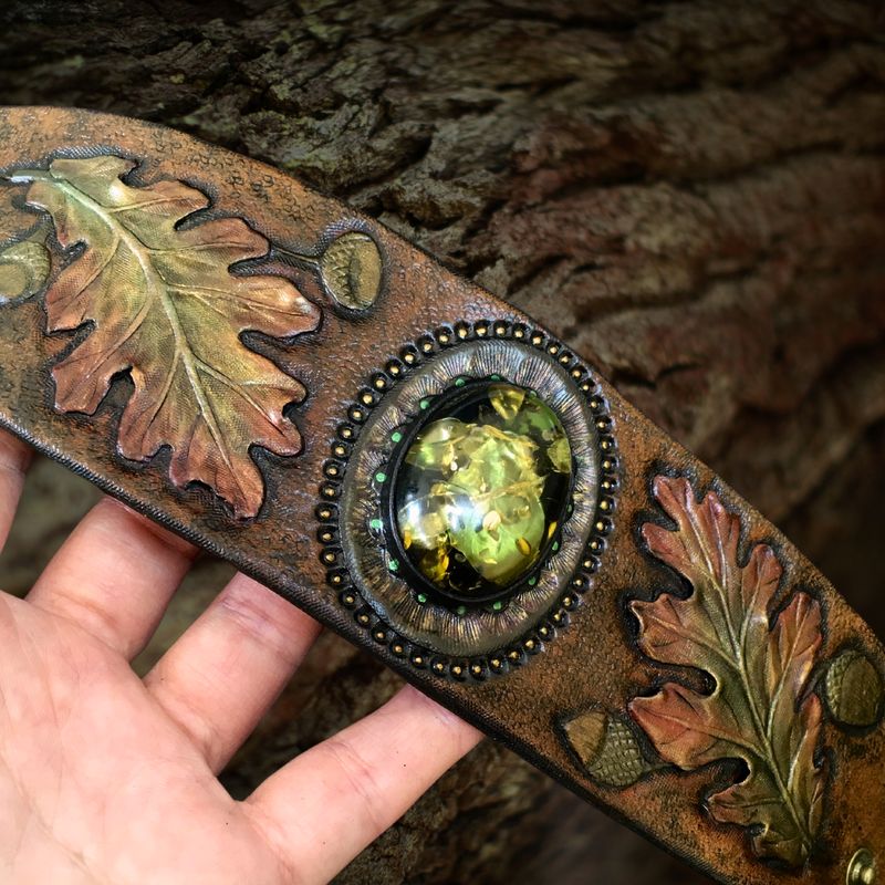 Tooled Leather Boho Bracelet with Oak Leaves and Pressed Amber Cabochon