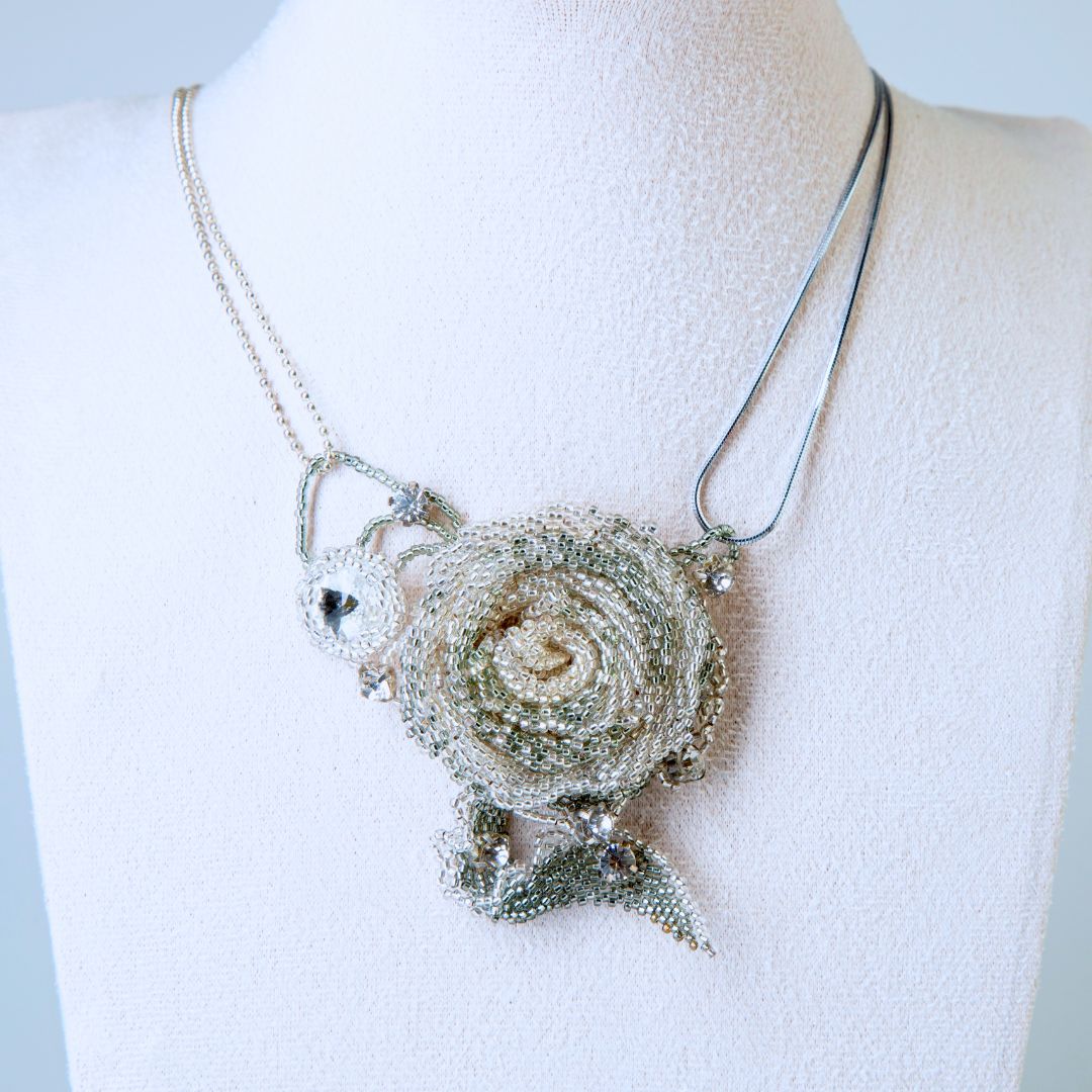 Beaded Silver Rose Pendant with Sterling Silver Chains