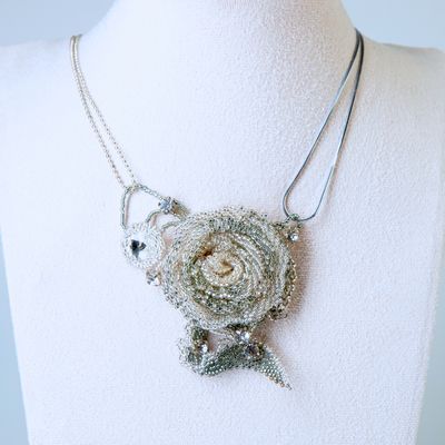 Beaded Silver Rose Pendant with Sterling Silver Chains