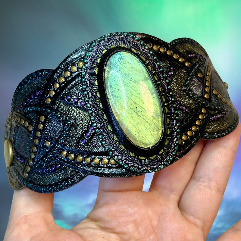 Hand Tooled Leather Cuff Bracelet with Green-Yellow Labradorite