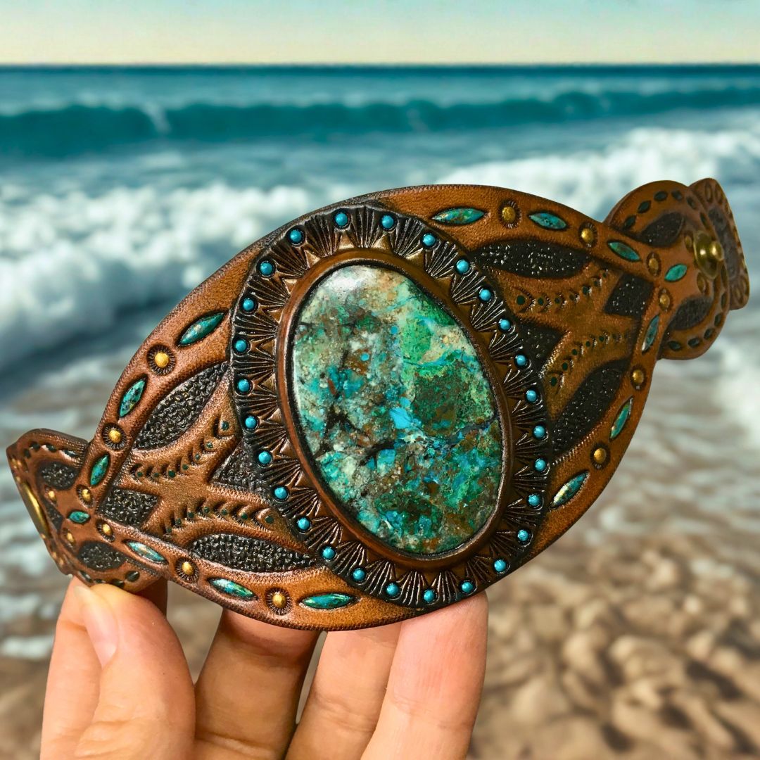 Hand Tooled Leather Boho Cuff Bracelet with Chrysocolla