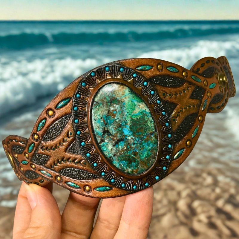 Hand Tooled Leather Boho Cuff Bracelet with Chrysocolla
