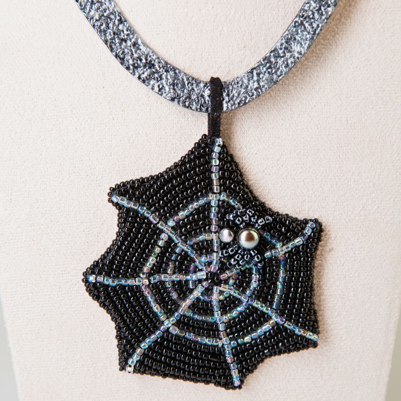 Gothic Necklace With a Pearl Spider on a Bead Embroidered Spider Web