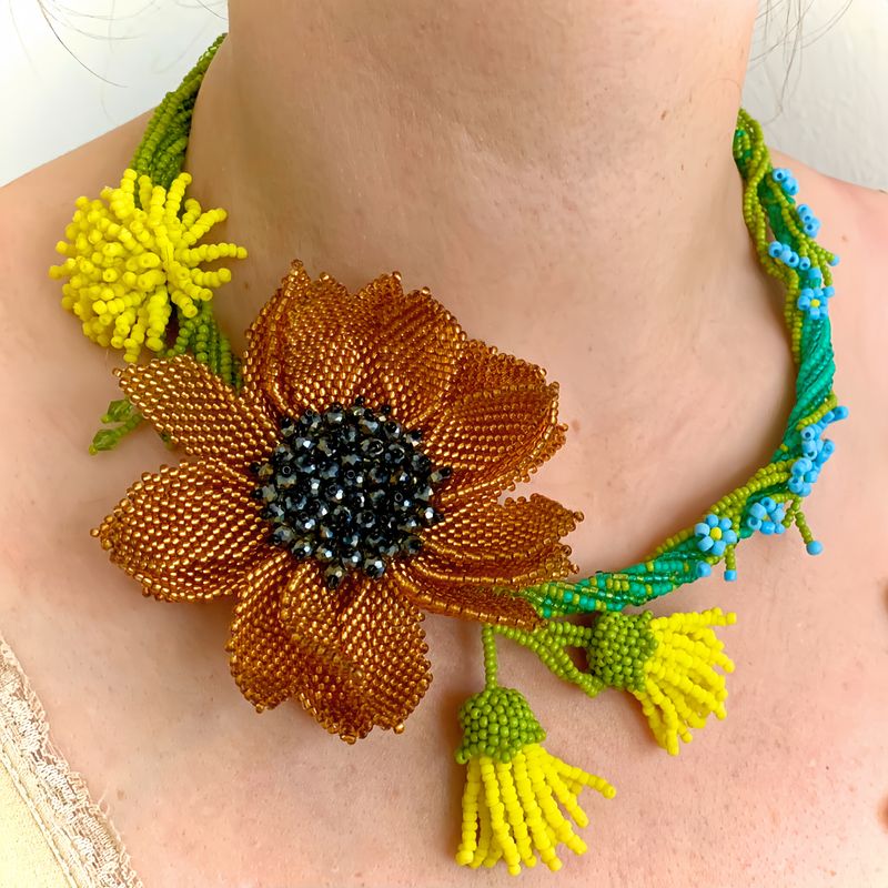 Beaded Floral Necklace with Golden Sunflower, Dandelions and Forget-me-nots