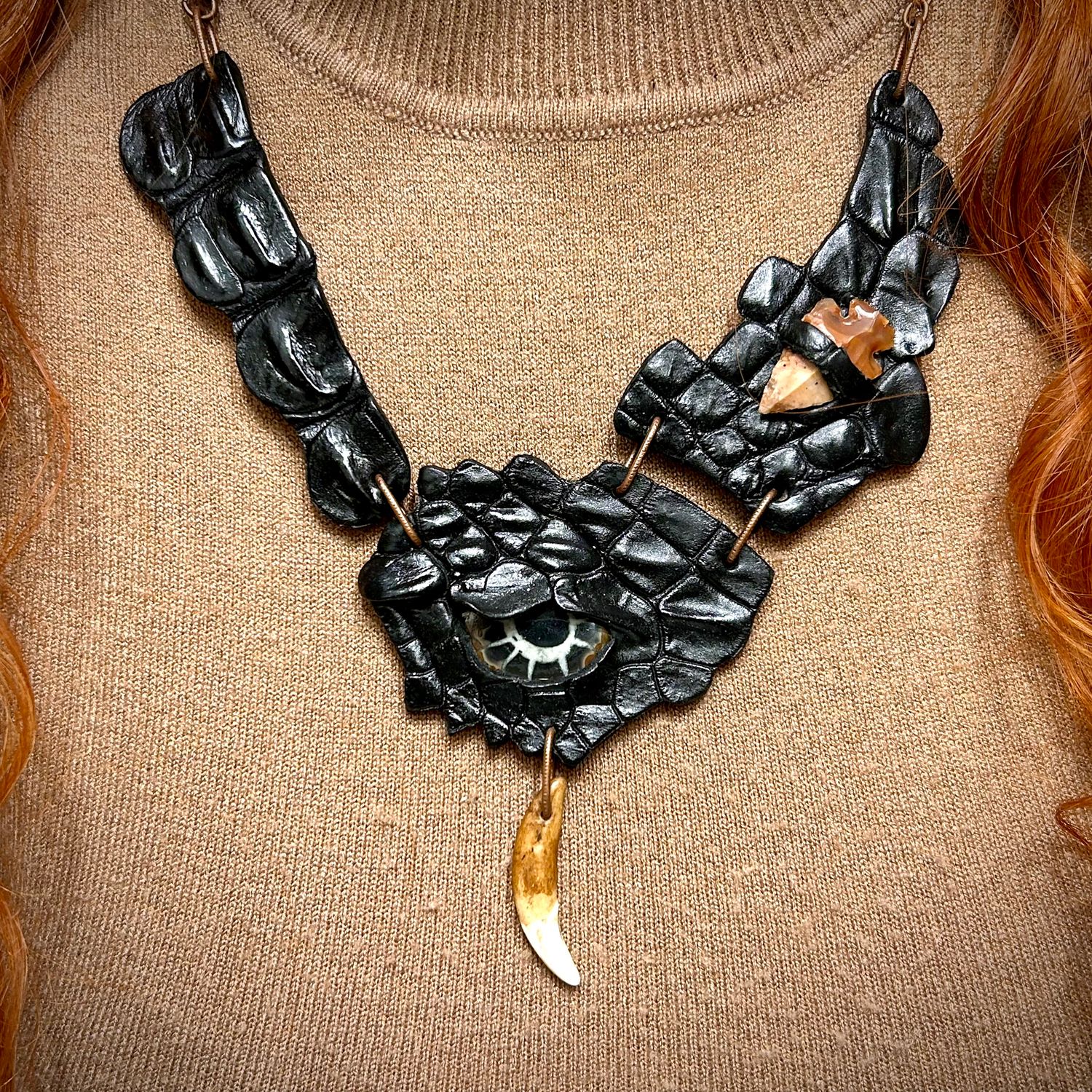 Crocodile Leather Necklace with Septarian and Obsidian Arrow