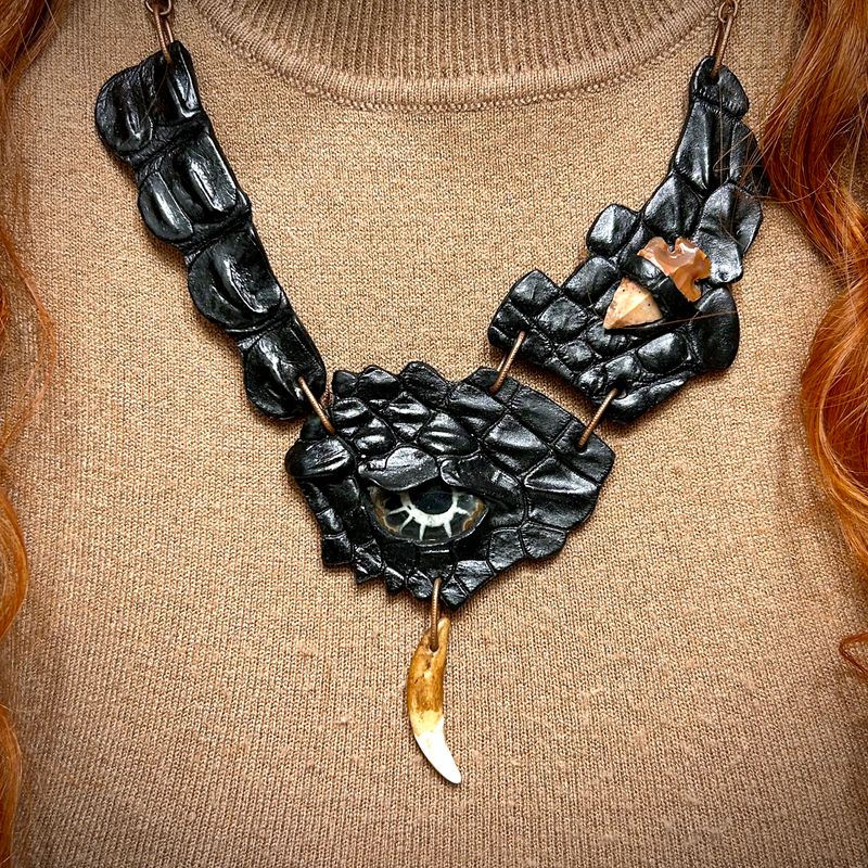 Crocodile Leather Necklace with Septarian and Obsidian Arrow