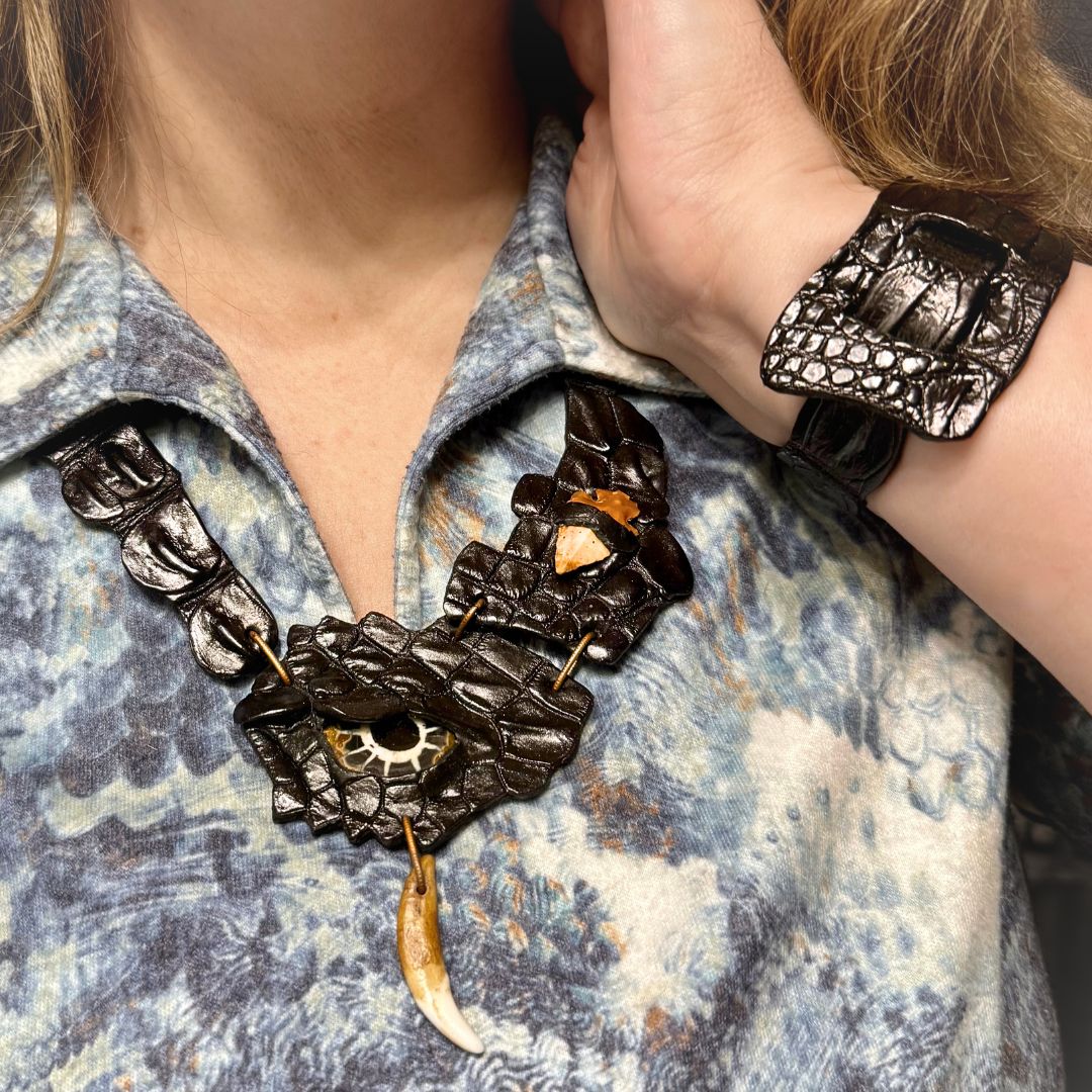 Crocodile Leather Necklace and Adjustable Bracelet Set