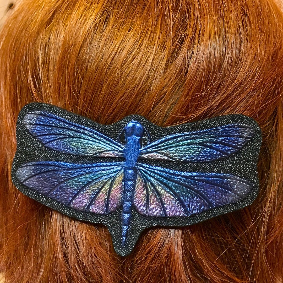 Rainbow Dragonfly Tooled Leather Hair Barrette