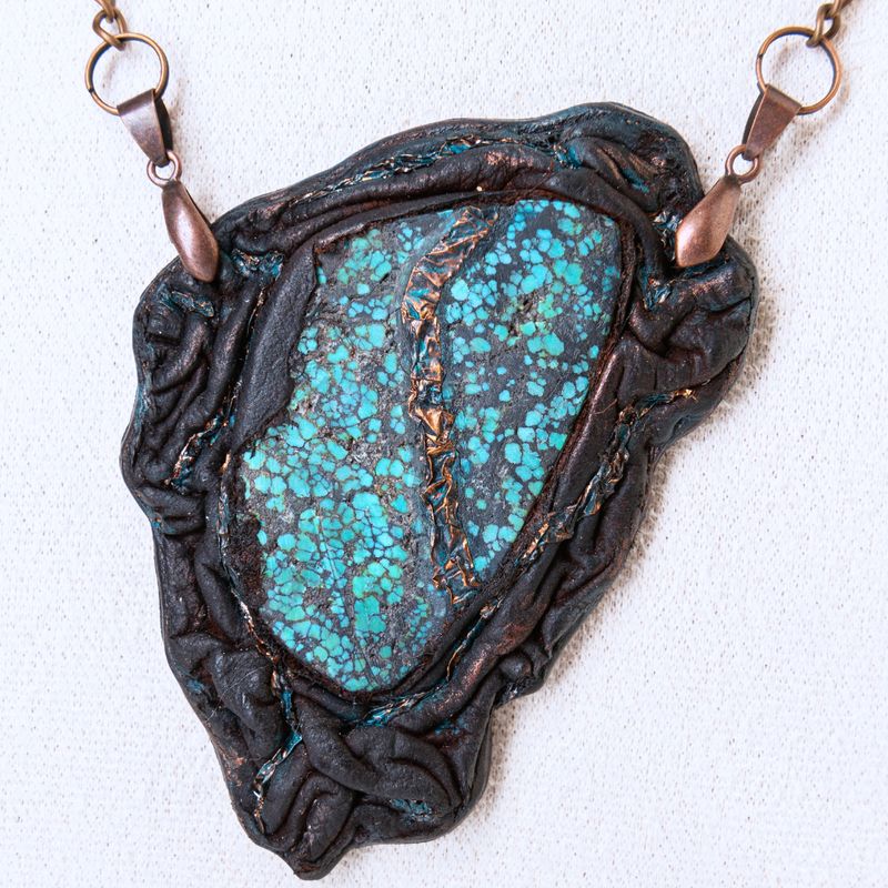 Rustic Leather Pendant with Hubei Turquoise Slab and Natural Copper Accents