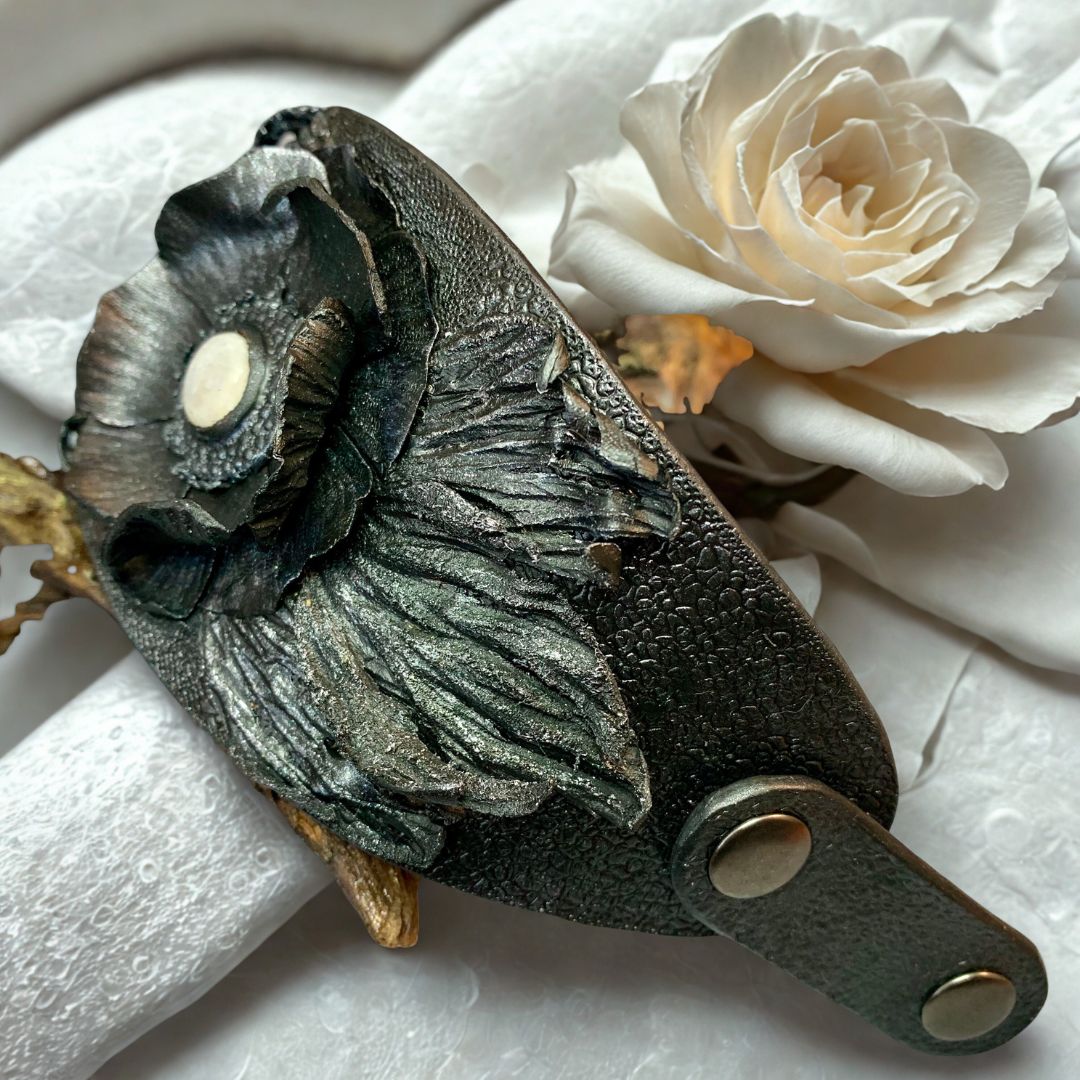 Tooled Leather Bracelet with 3D Flower and Leaves