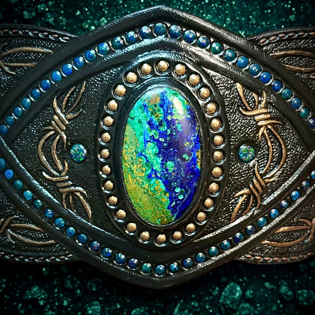 Tooled Leather Cuff Bracelet with Azurite-Malachite