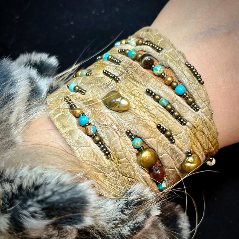 Crocodile Leather Bracelet with Gemstones and Beads