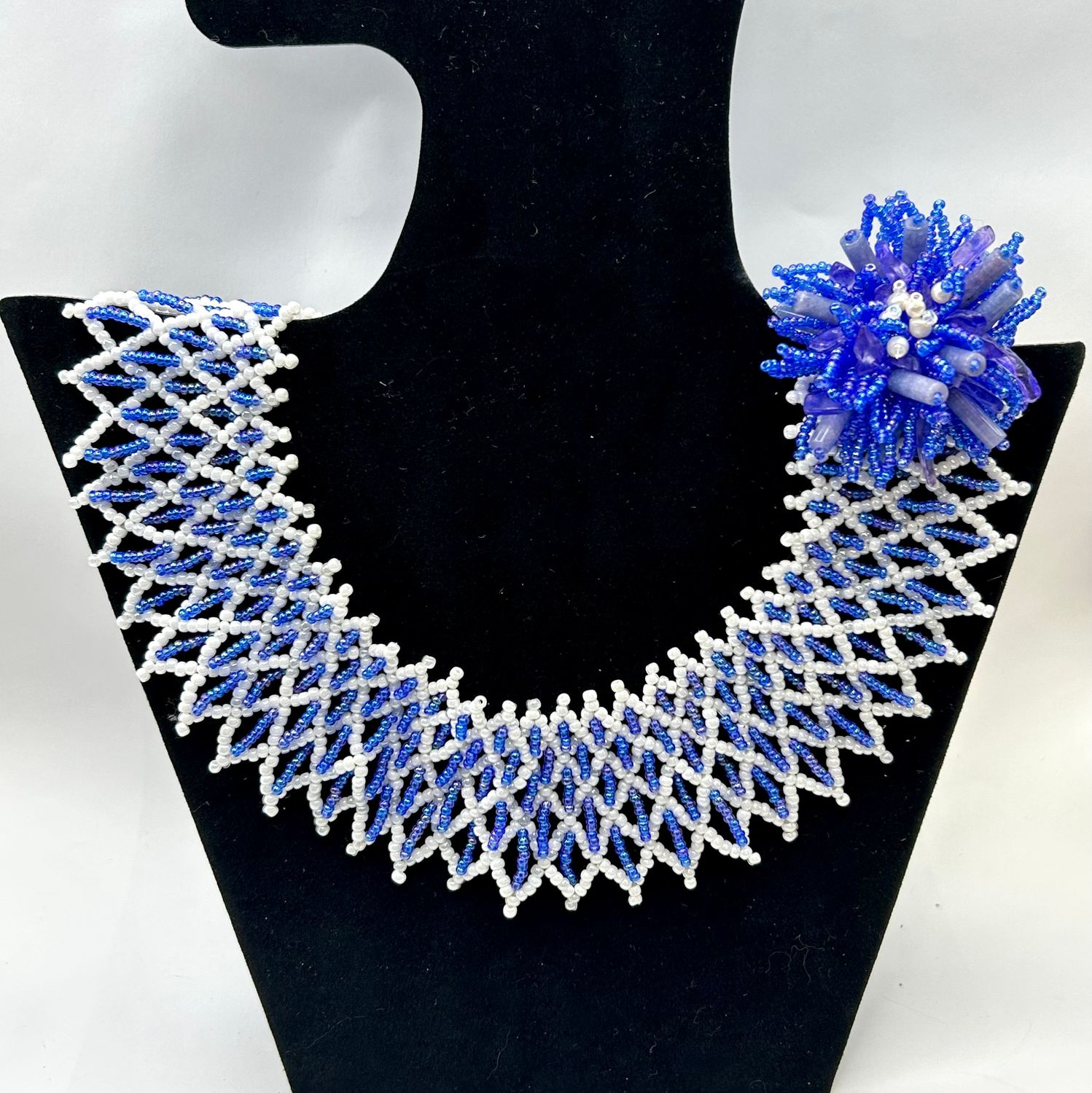 Romantic Beaded Necklace with a Gemstone Cornflower