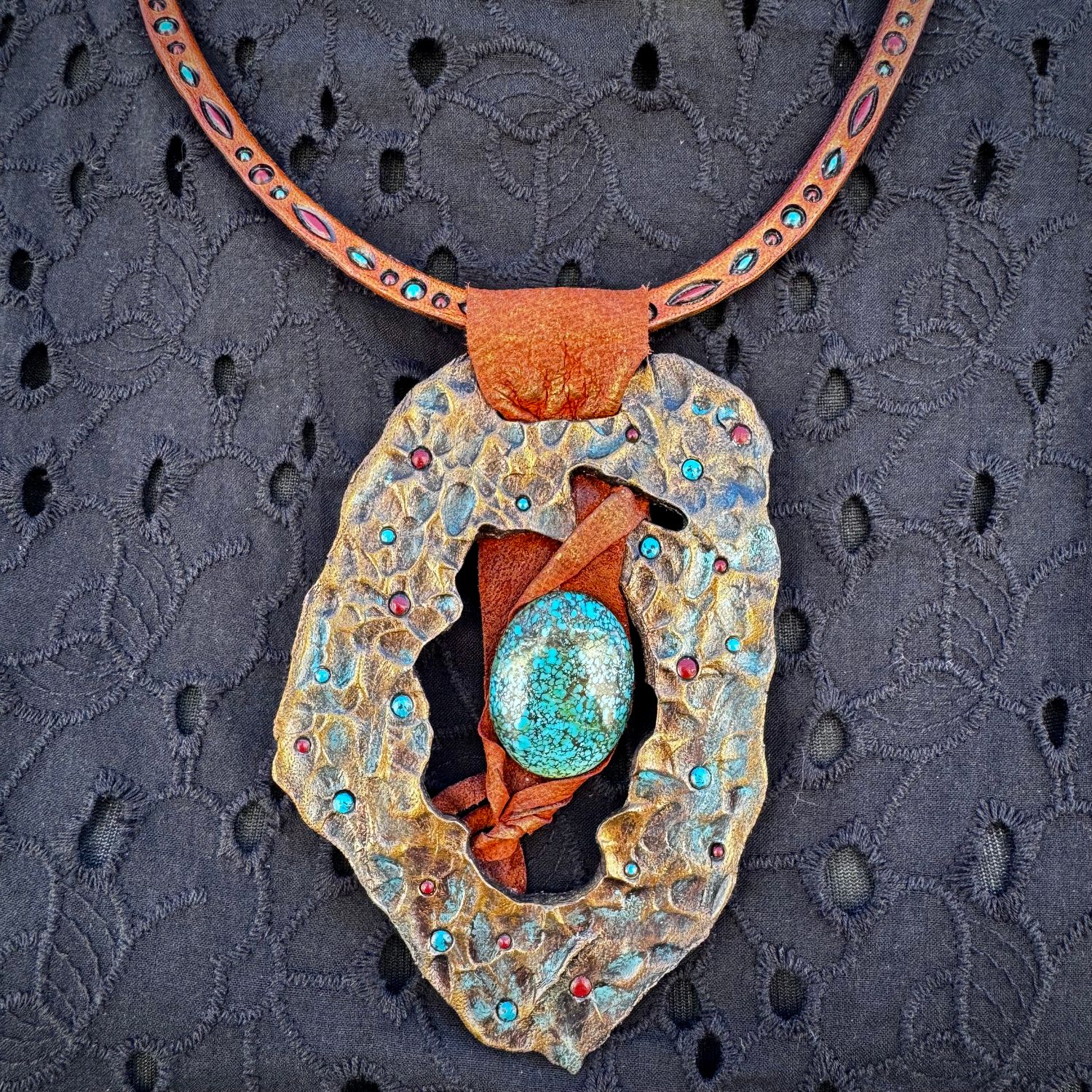 Tooled Leather Necklace with Blue Turquoise