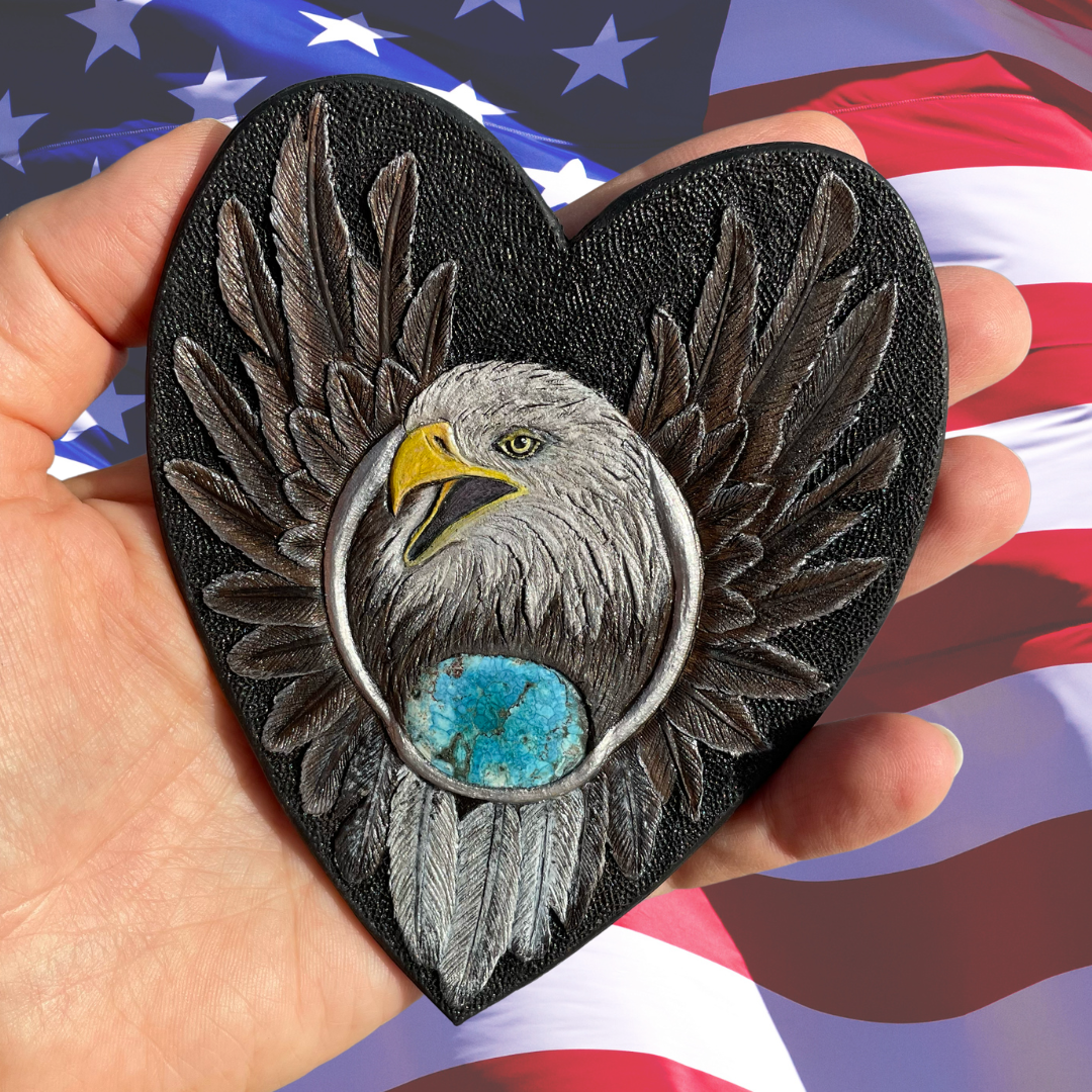 Tooled leather bald eagle with turquoise