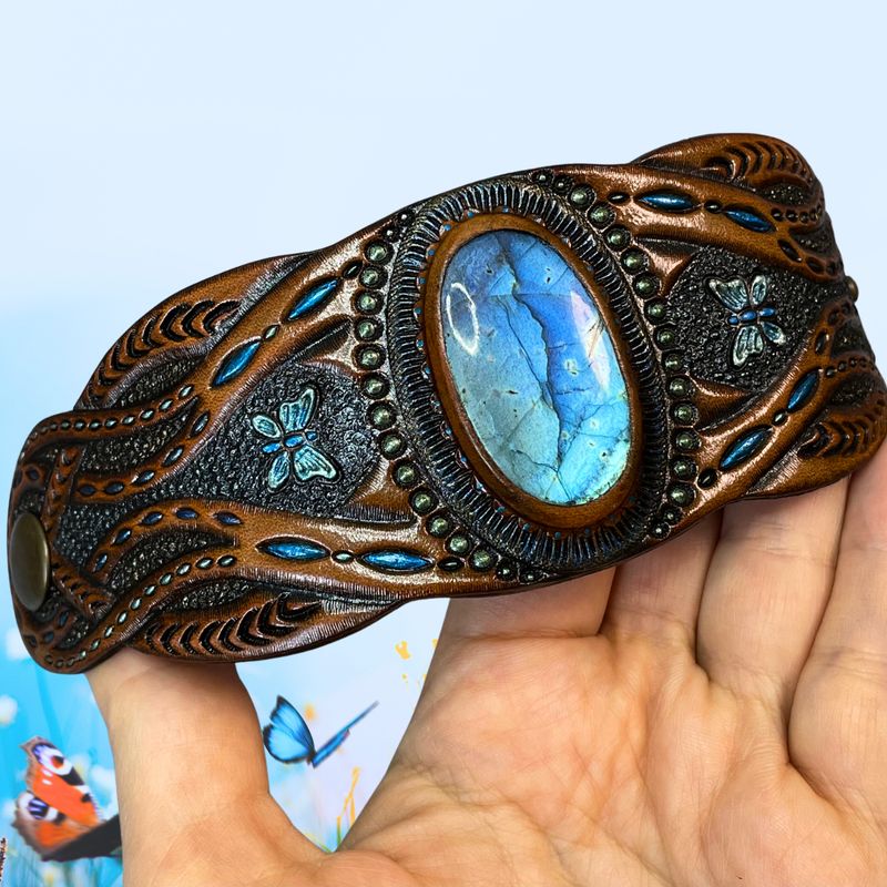 Tooled leather cuff bracelet with blue labradorite