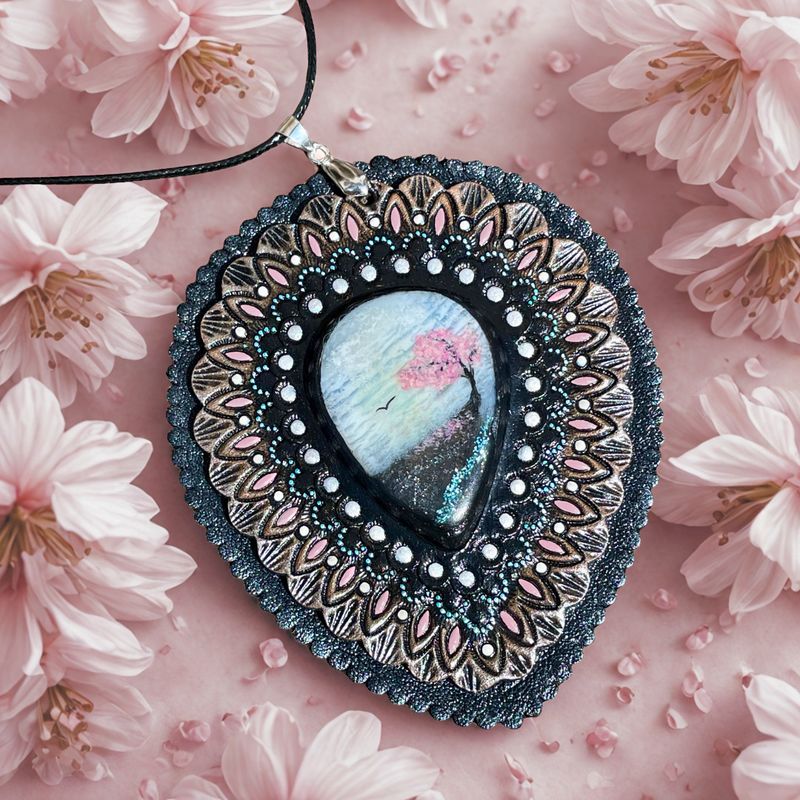 Tooled Leather Concho / Pendant with Blue Opal and Hand Painted Sakura