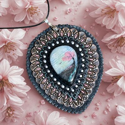 Tooled Leather Concho / Pendant with Blue Opal and Hand Painted Sakura