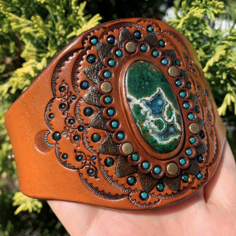 Hand Tooled Leather Cuff Bracelet with Chrysocolla
