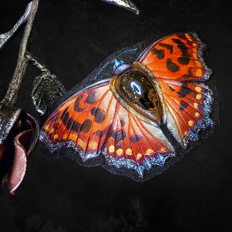 Tooled Leather Butterfly Hair Barrette with Pietersite