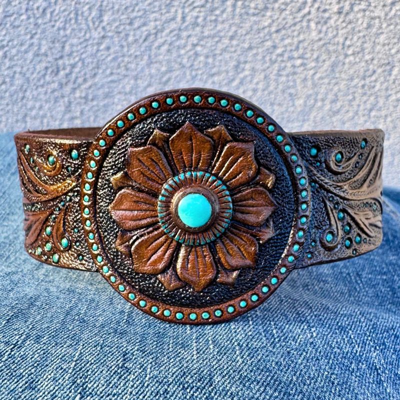 Western Style Tooled Leather Bracelet with Arizona Turquoise