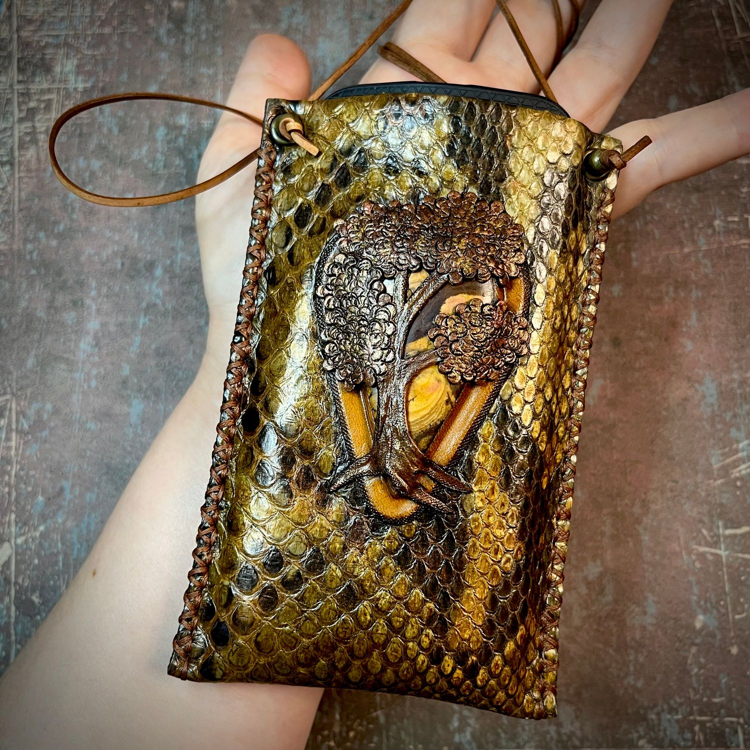 Python skin cellphone pouch with Mookaite jasper in tooled leather