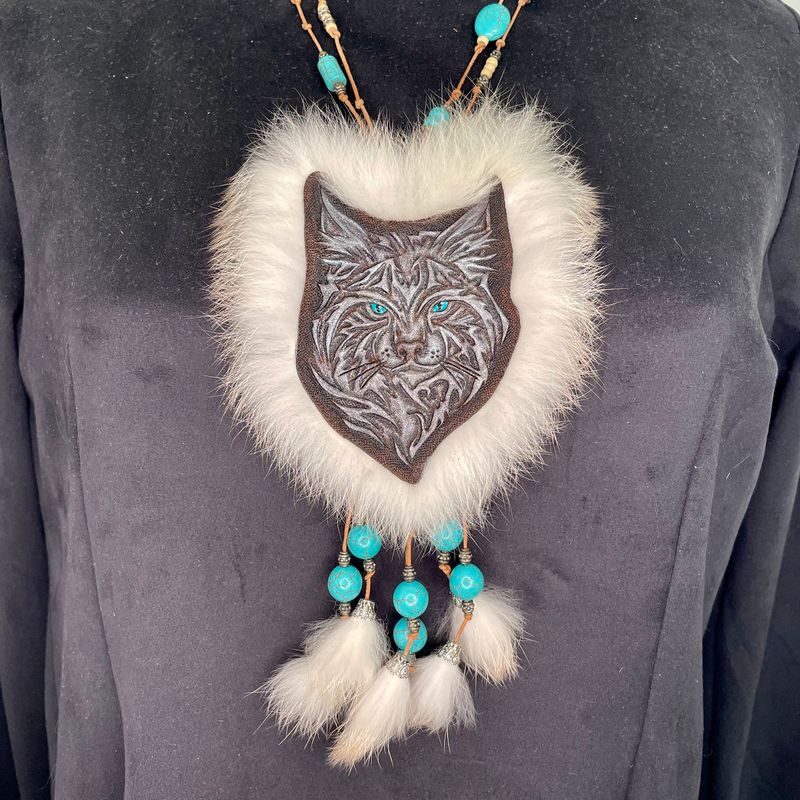 Tooled Leather Lynx Necklace with Rabbit fur