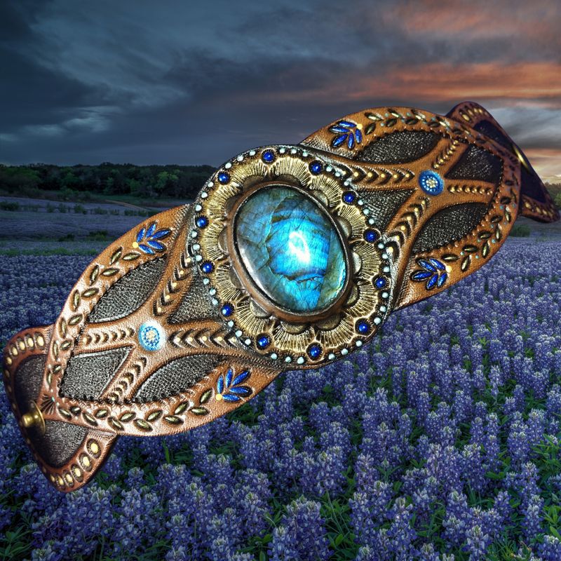 Tooled leather cuff bracelet with blue labradorite