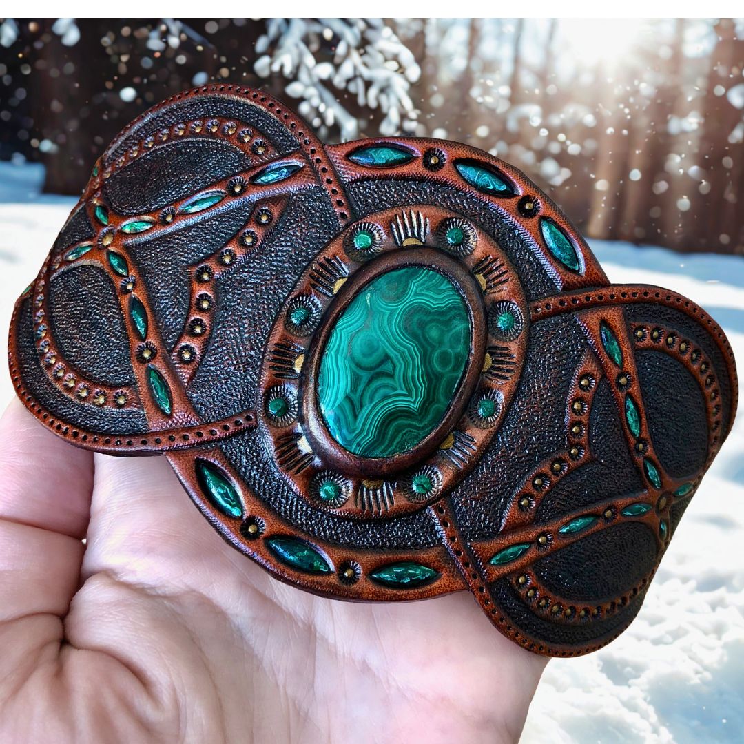 Tooled Leather Boho Bracelet with Malachite