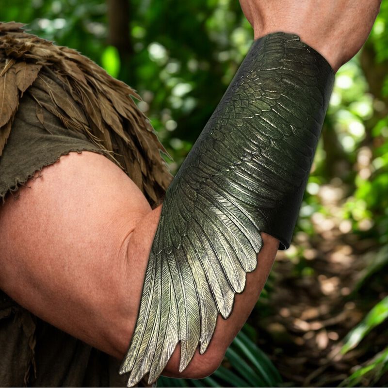 Tooled Leather Kea Parrot Wing Bracer with Olive-Green Metallic Sheen