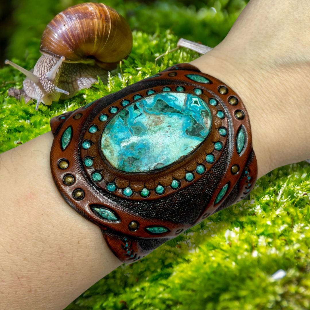 Hand tooled leather boho unisex cuff bracelet with chrysocolla-malachite