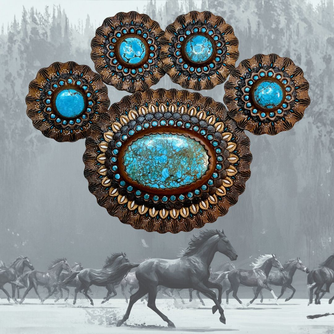 Tooled Leather Horse Tack Conchos with Turquoise Cabochons