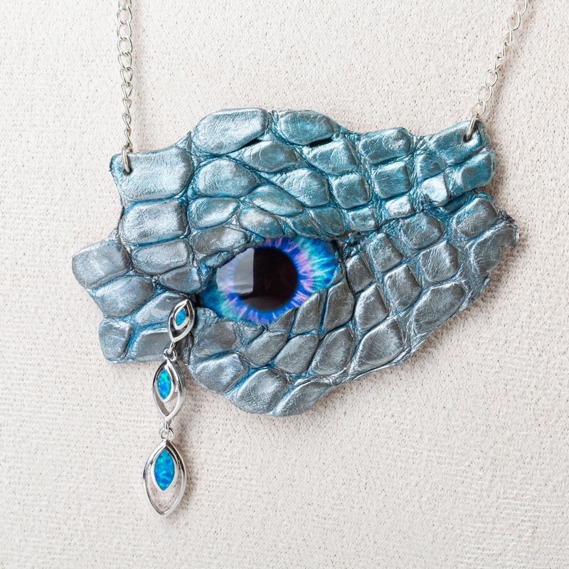 Crocodile Leather Dragon Eye Pendant on a Sterling Silver Chain