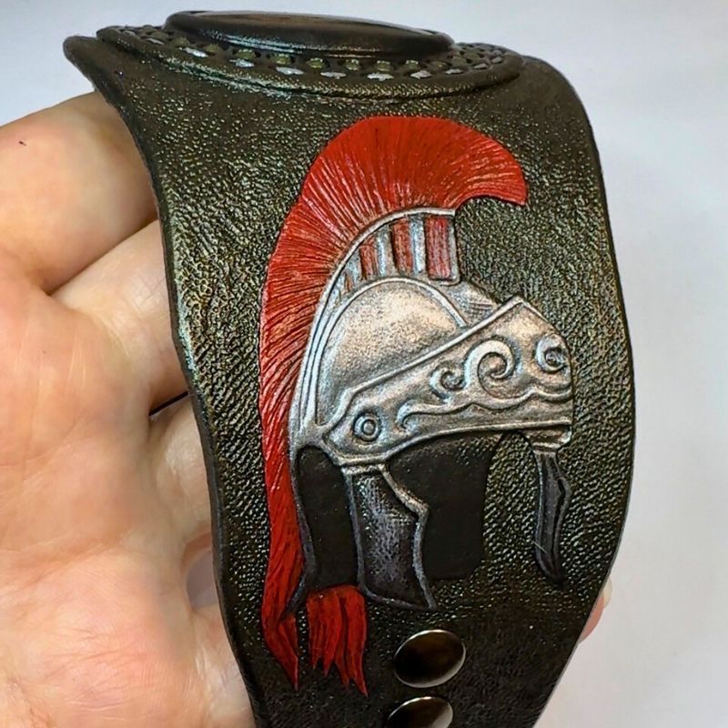 Hand Tooled Leather Cuff Bracelet with Silver Sheen Obsidian, Roman Style
