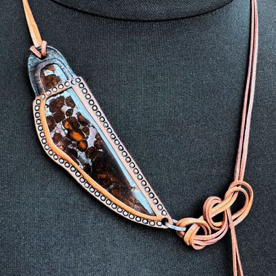 Handmade Necklace with a Piece of Meteorite (Pallasite) Framed in Tooled Leather