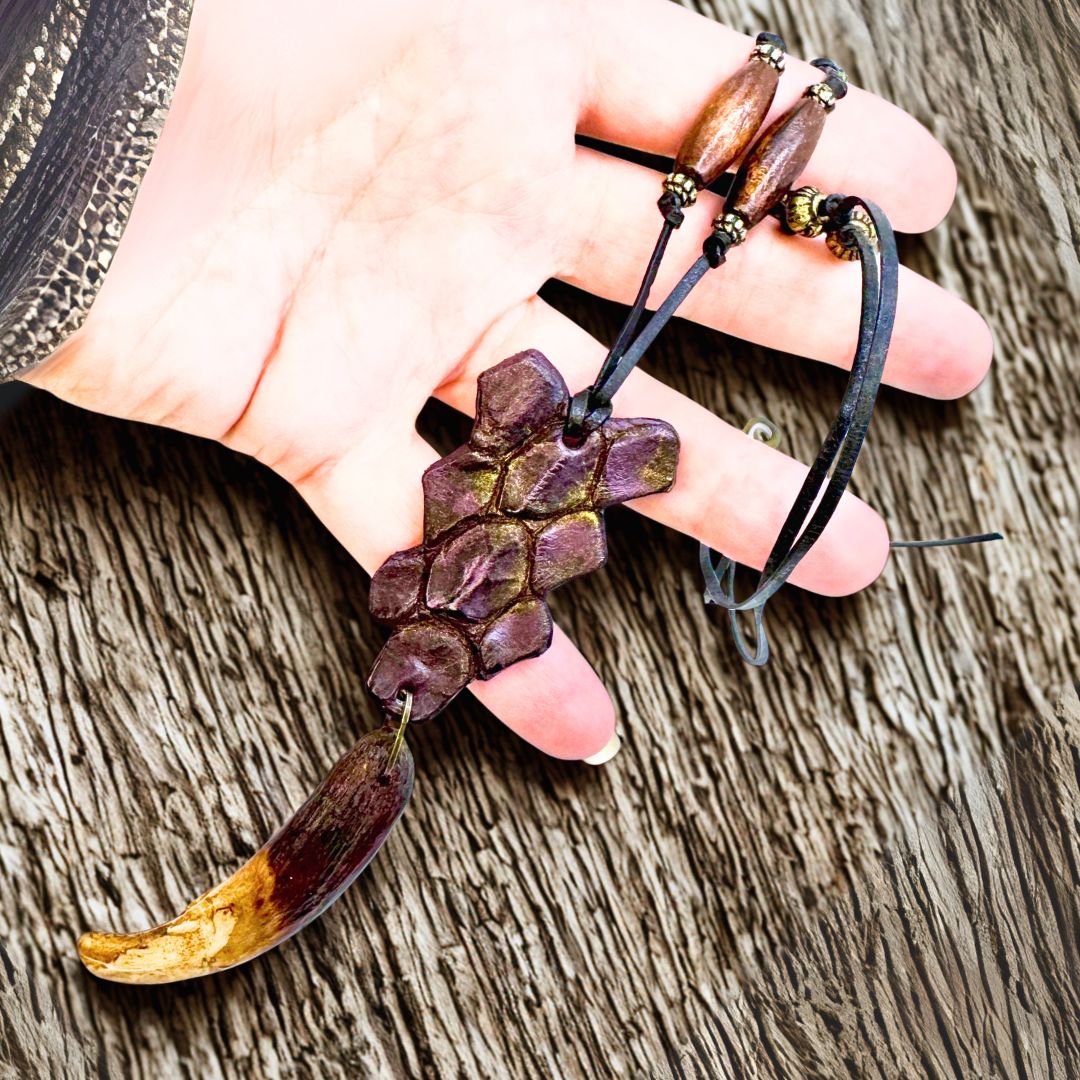 Crocodile Leather Pendant with Boar Tooth